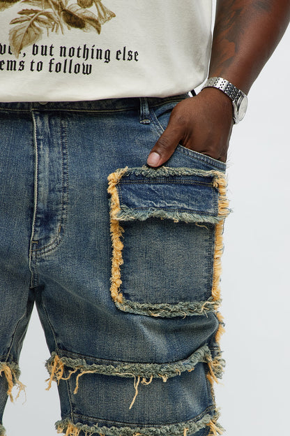 Square Pockets Fray Stacked Skinny Flare Jeans - Dark Wash