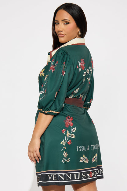 Botanica Puff Sleeve Mini Dress - Green/combo