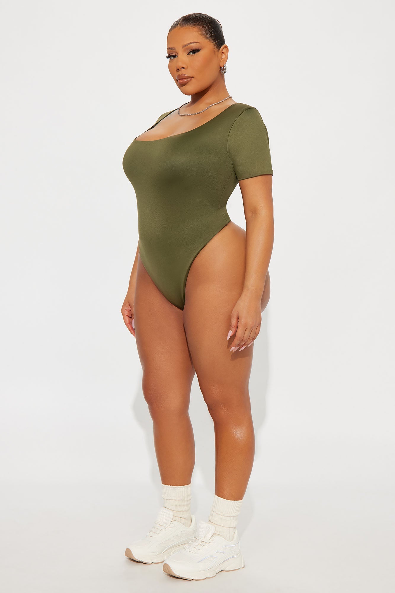 Contour Double Lined Short Sleeve Scoop Neck Bodysuit - Military Green