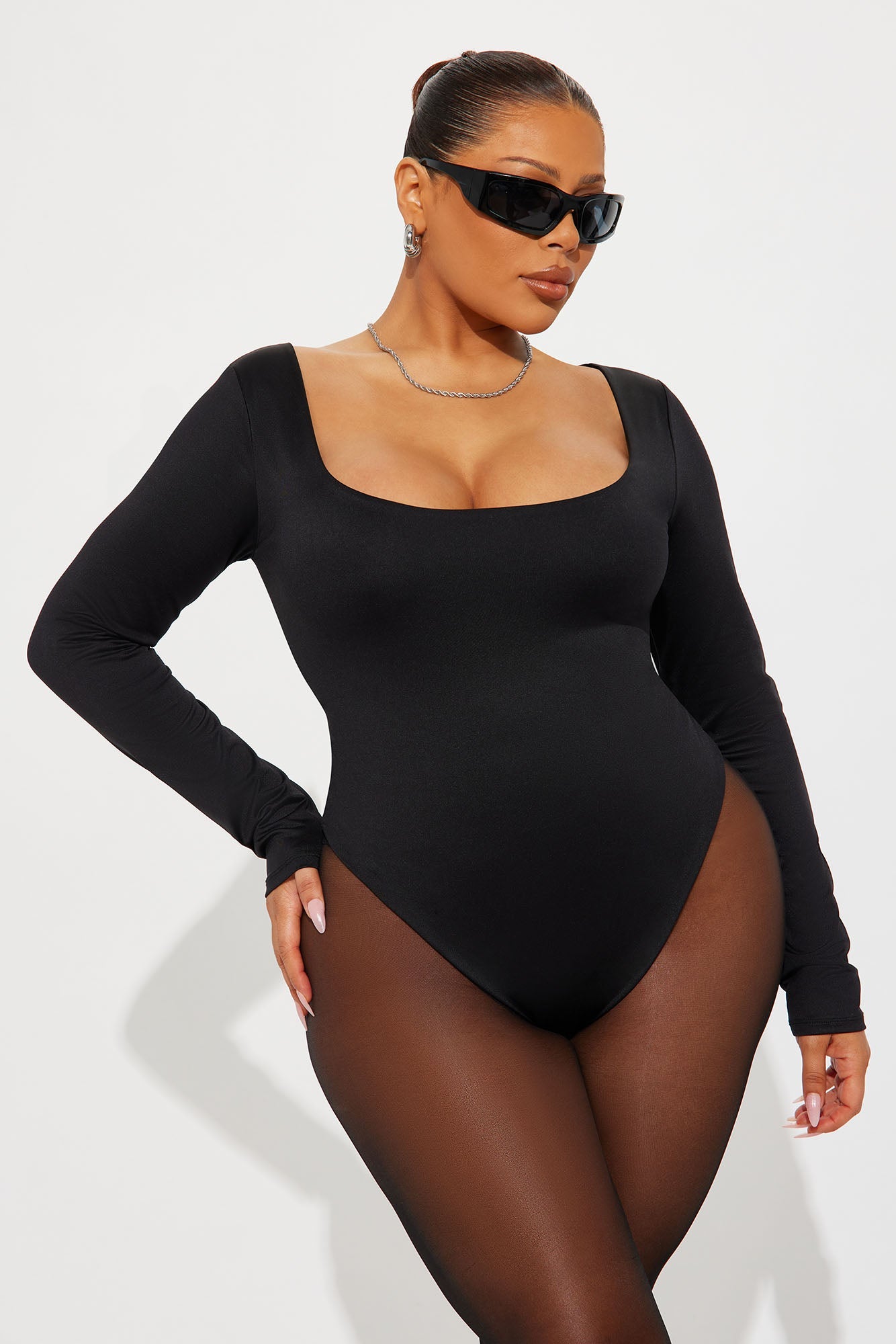 Contour Double Lined Long Sleeve Wide Scoop Neck Bodysuit - Black