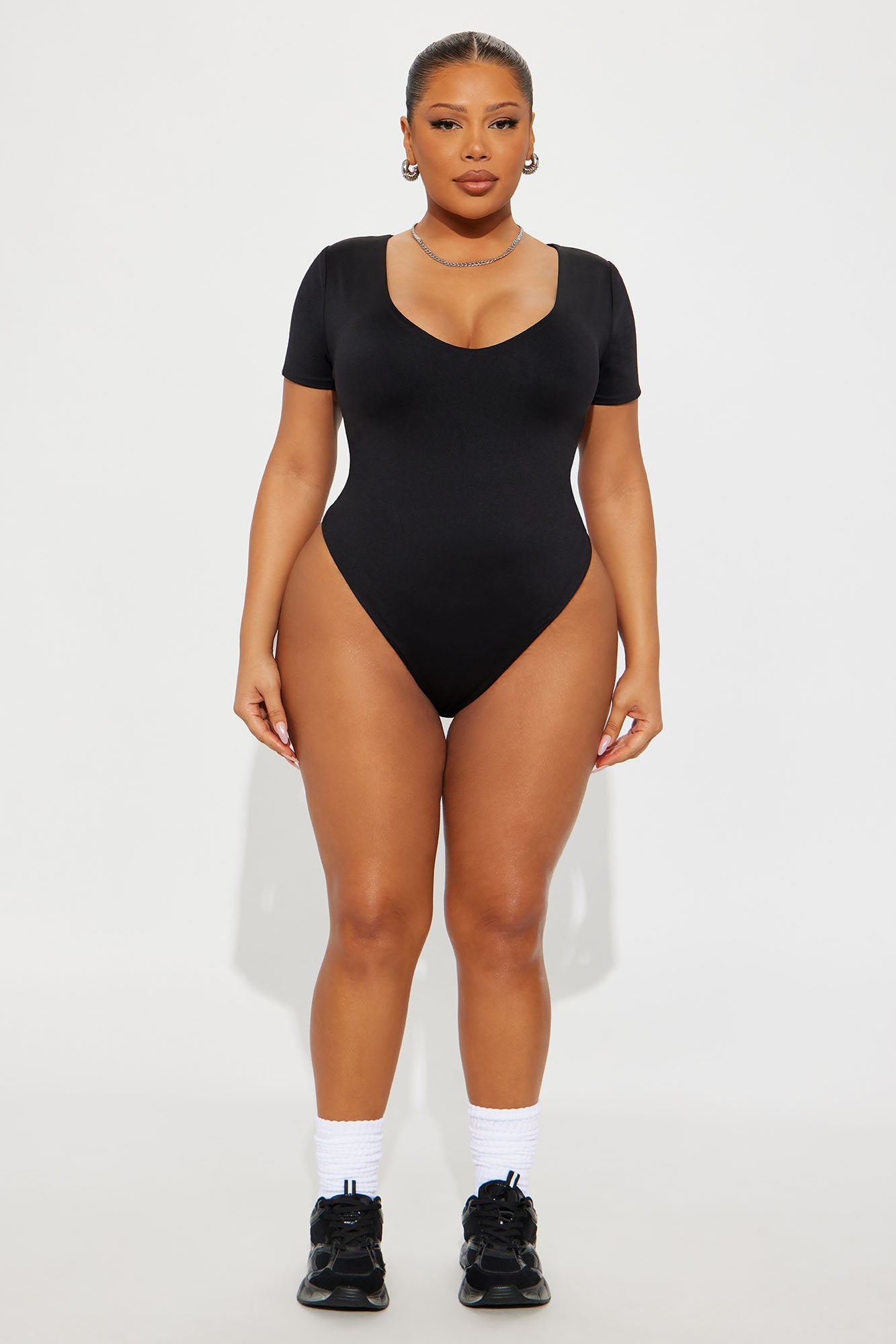 Contour Double Lined Short Sleeve High Cut Bodysuit - Black