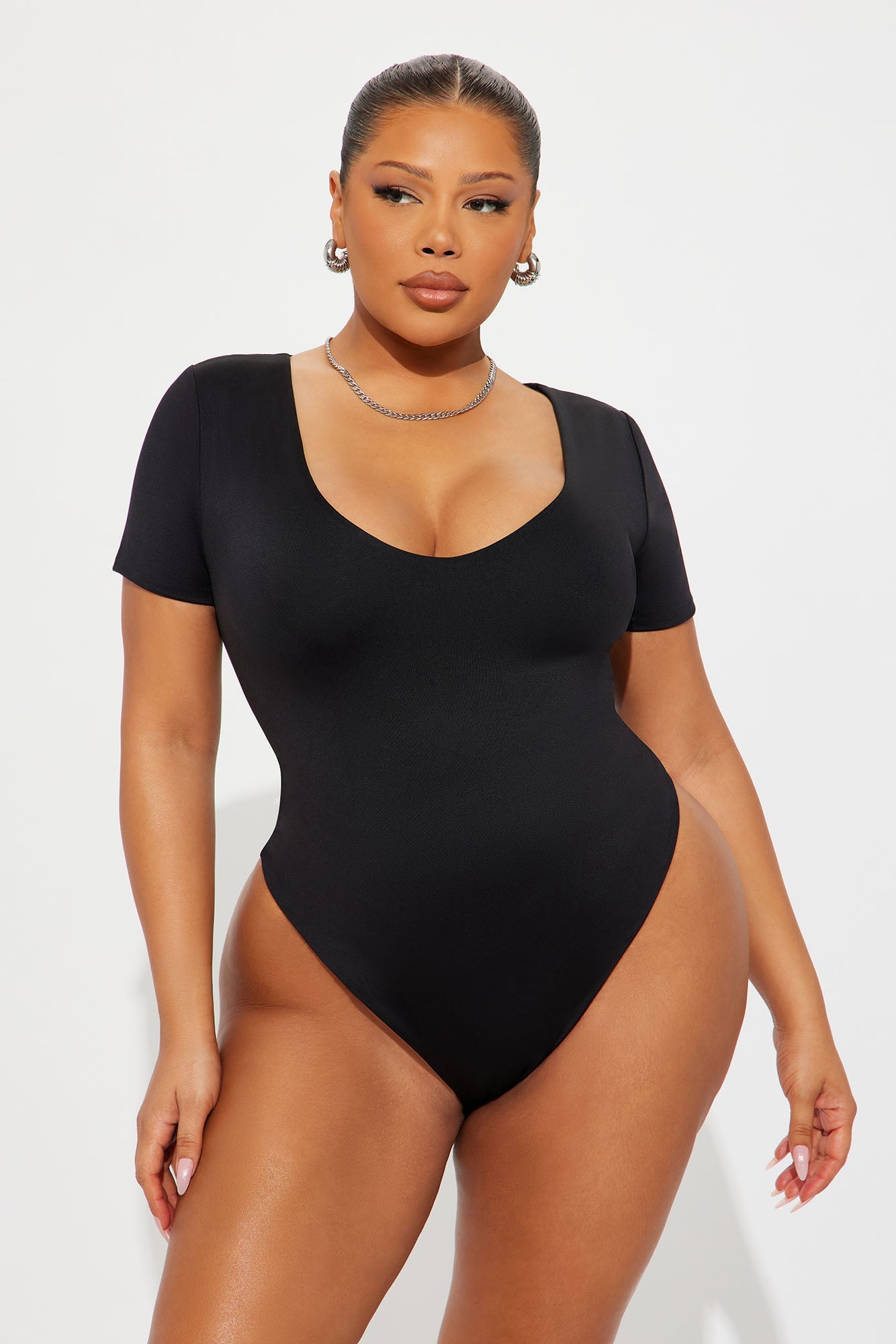 Contour Double Lined Short Sleeve High Cut Bodysuit - Black