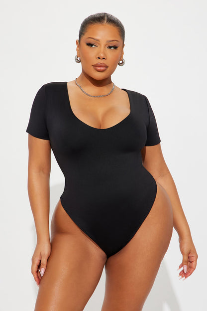 Contour Double Lined Short Sleeve High Cut Bodysuit - Black