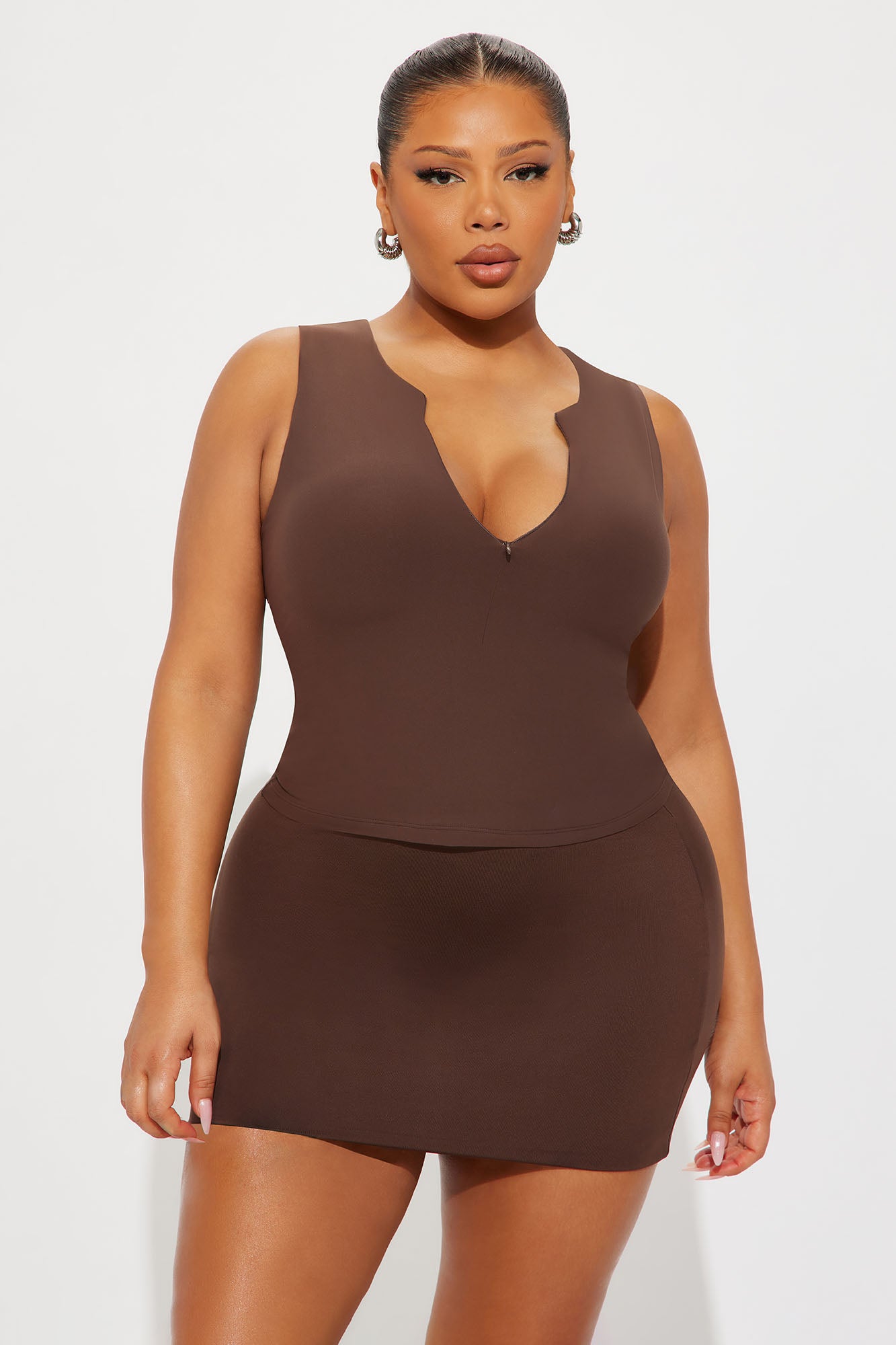 Second Skin Double Lined Zip Front Tank - Chocolate