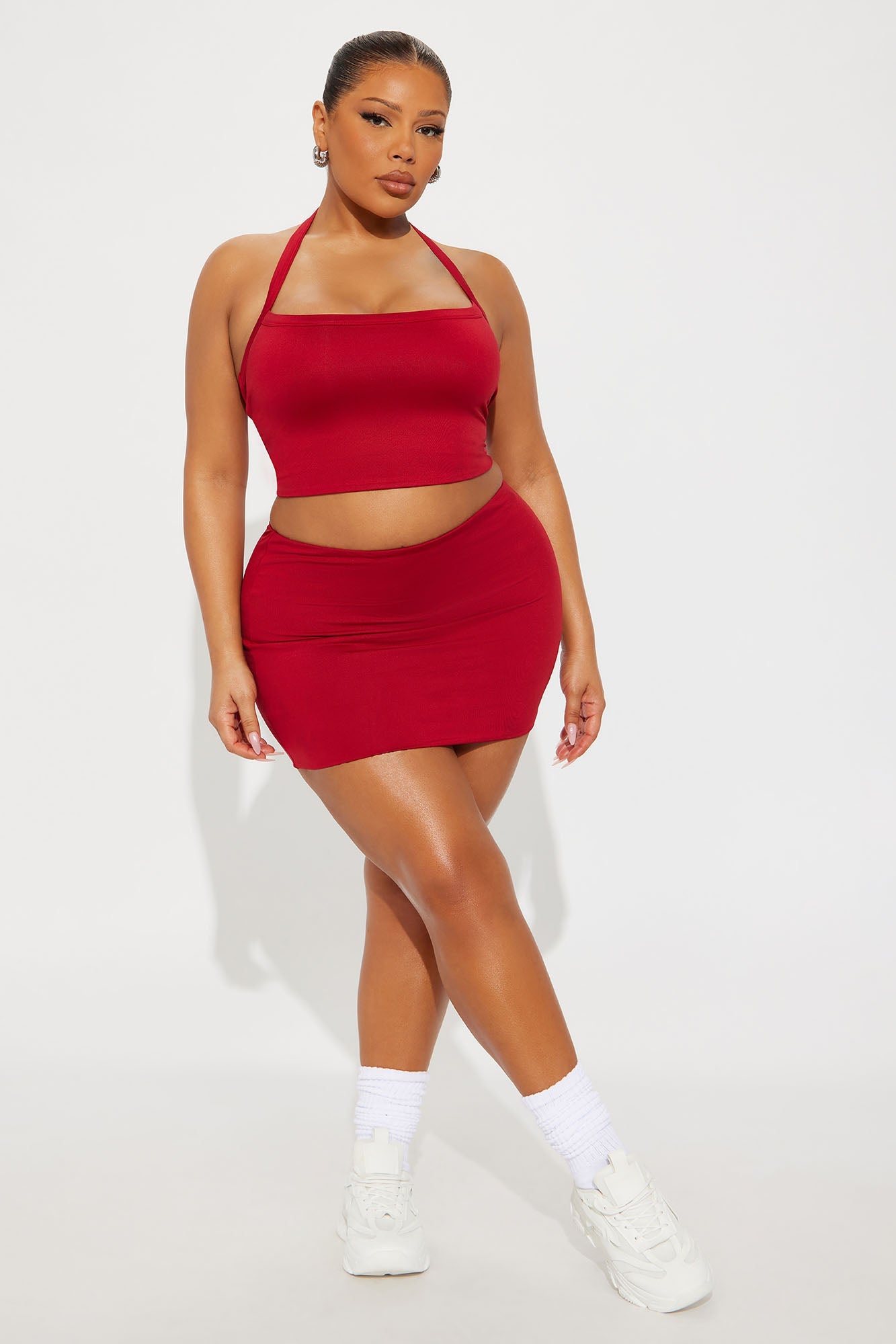 Contour Double Lined Cropped Halter Top - Red