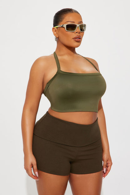Contour Double Lined Cropped Halter Top - Military Green