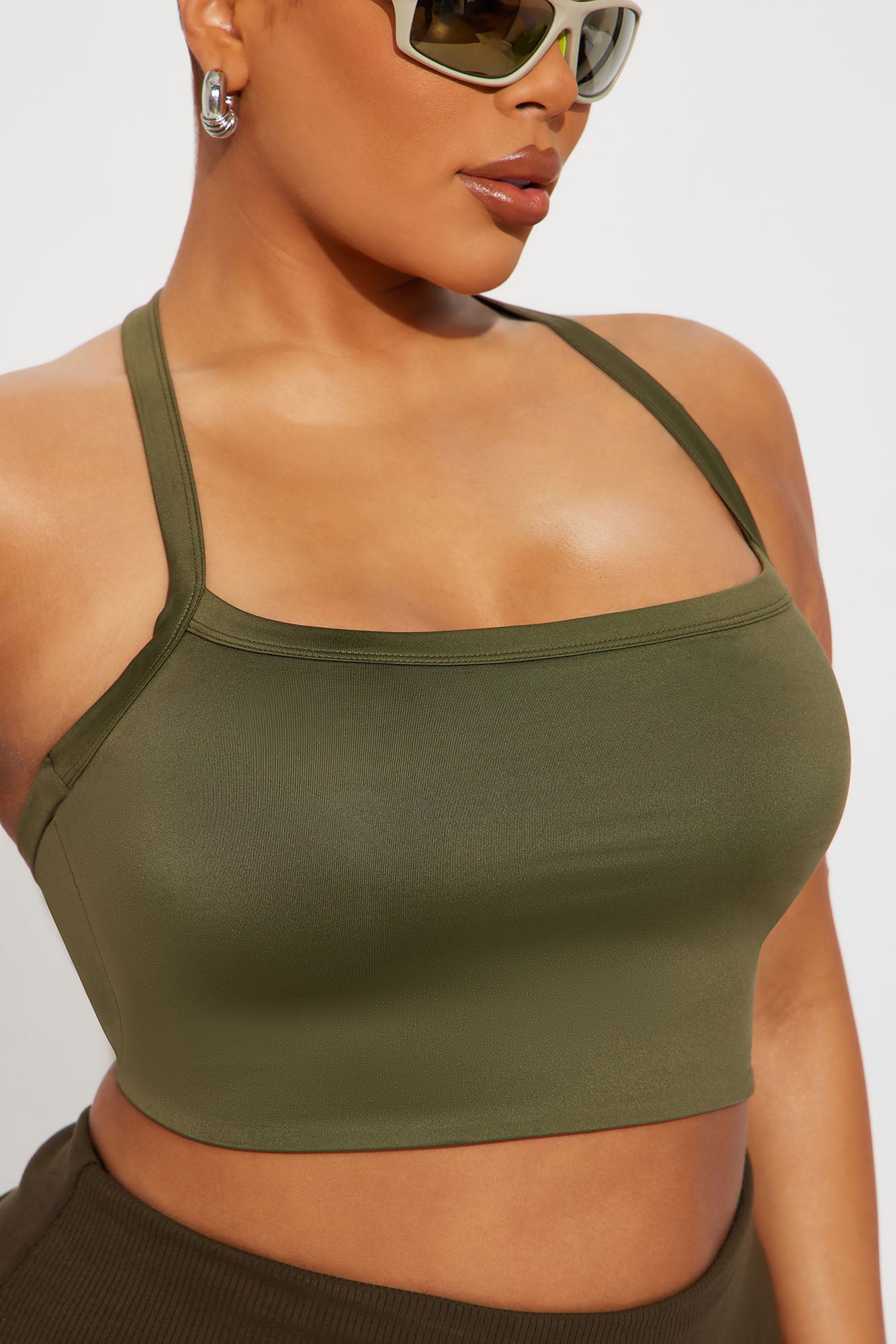 Contour Double Lined Cropped Halter Top - Military Green