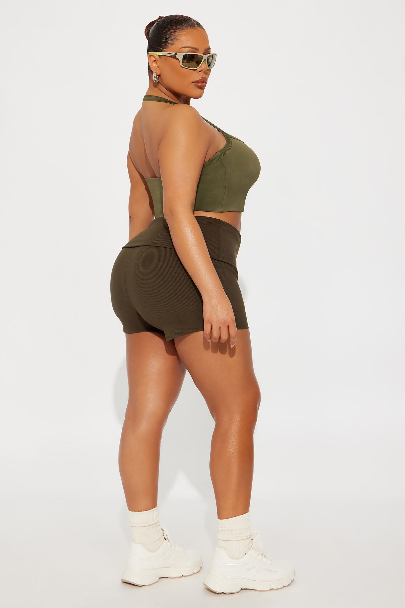 Contour Double Lined Cropped Halter Top - Military Green