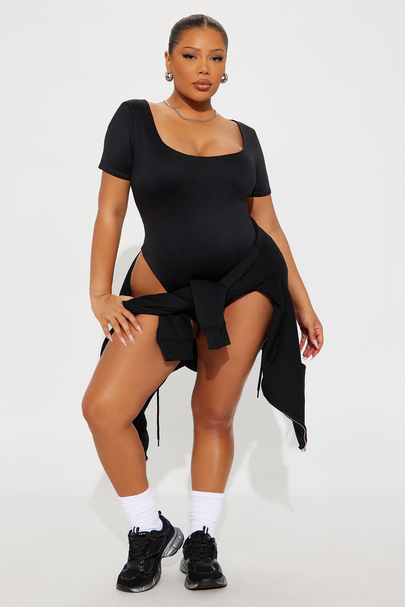 Contour Double Lined Short Sleeve Scoop Neck Bodysuit - Black