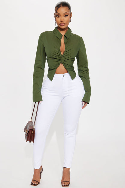 Mellowed Out Front Zip Poplin Shirt - Dark Olive