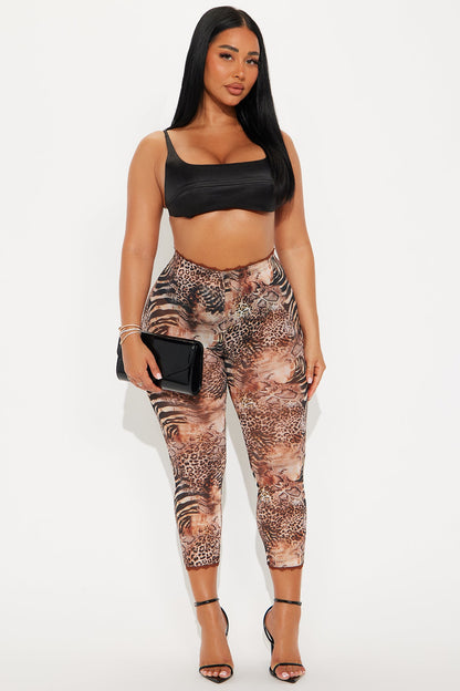 Mila Animal Print Mesh Capri Legging - Brown/combo
