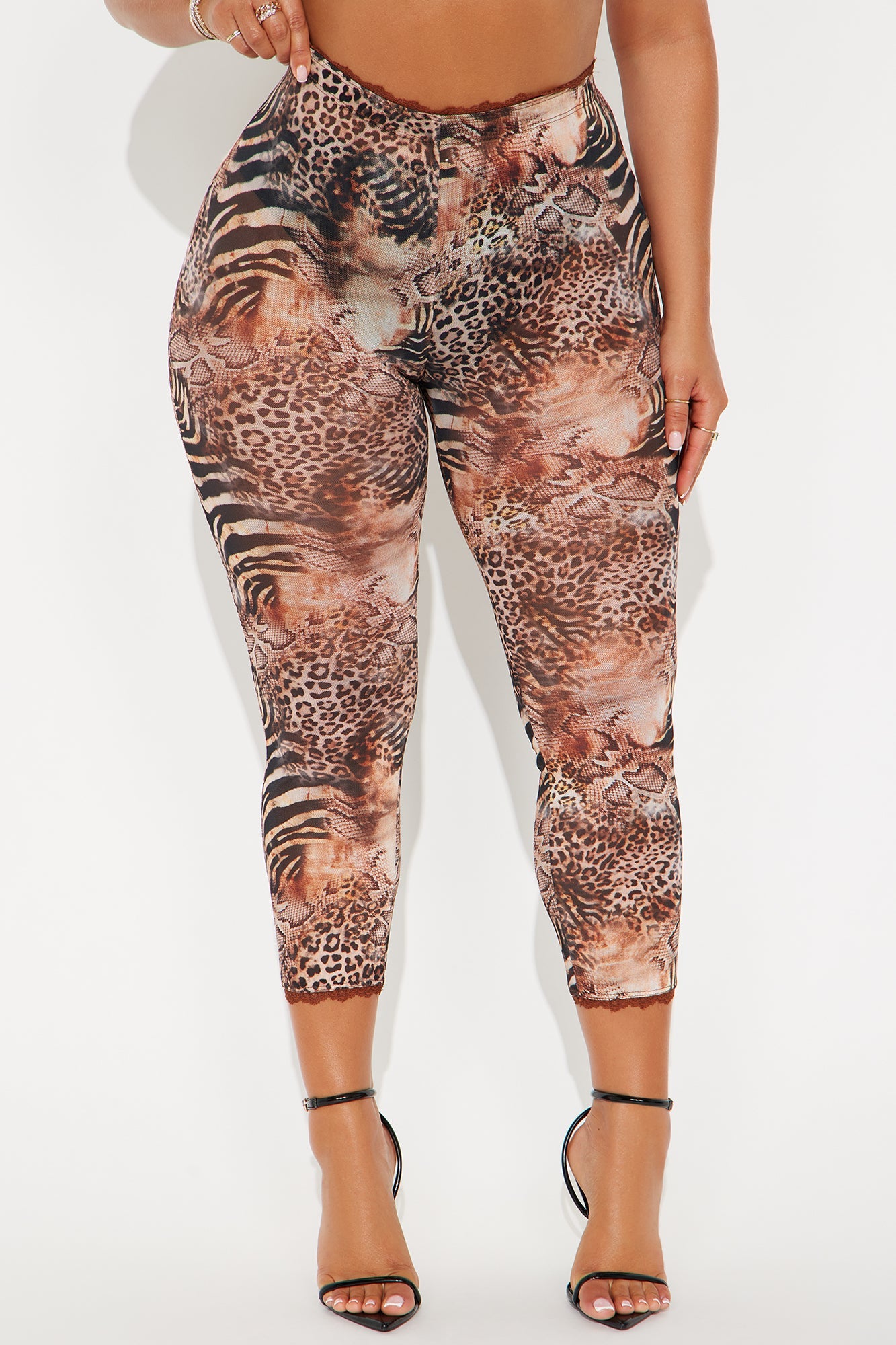 Mila Animal Print Mesh Capri Legging - Brown/combo