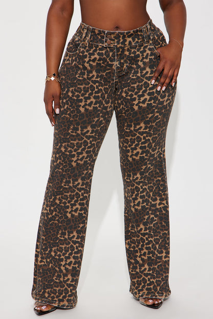 Wild One Leopard Print Flare Jeans - Brown/combo
