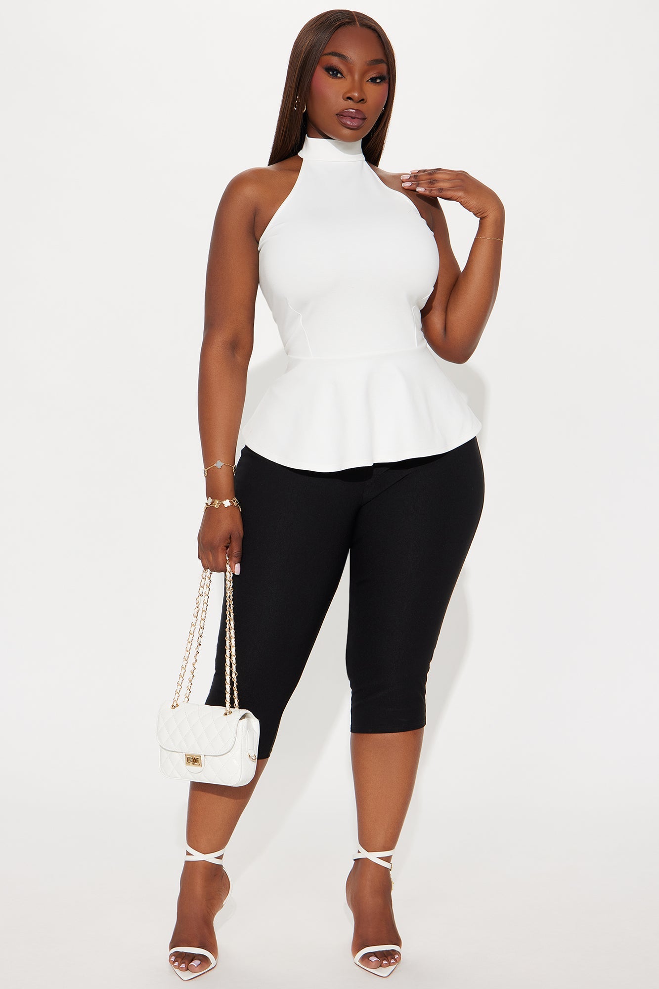 Fleur Ponte Peplum Halter Top - White