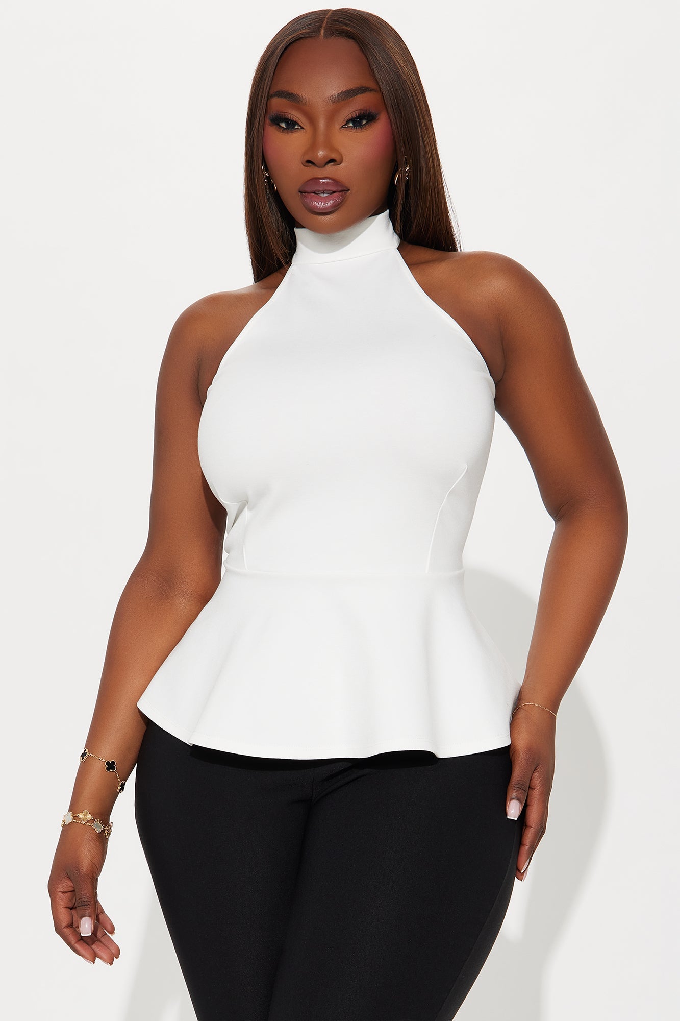 Fleur Ponte Peplum Halter Top - White