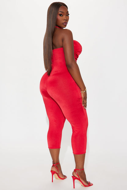 Dare Me Ruched Cut Out Halter Jumpsuit - Red