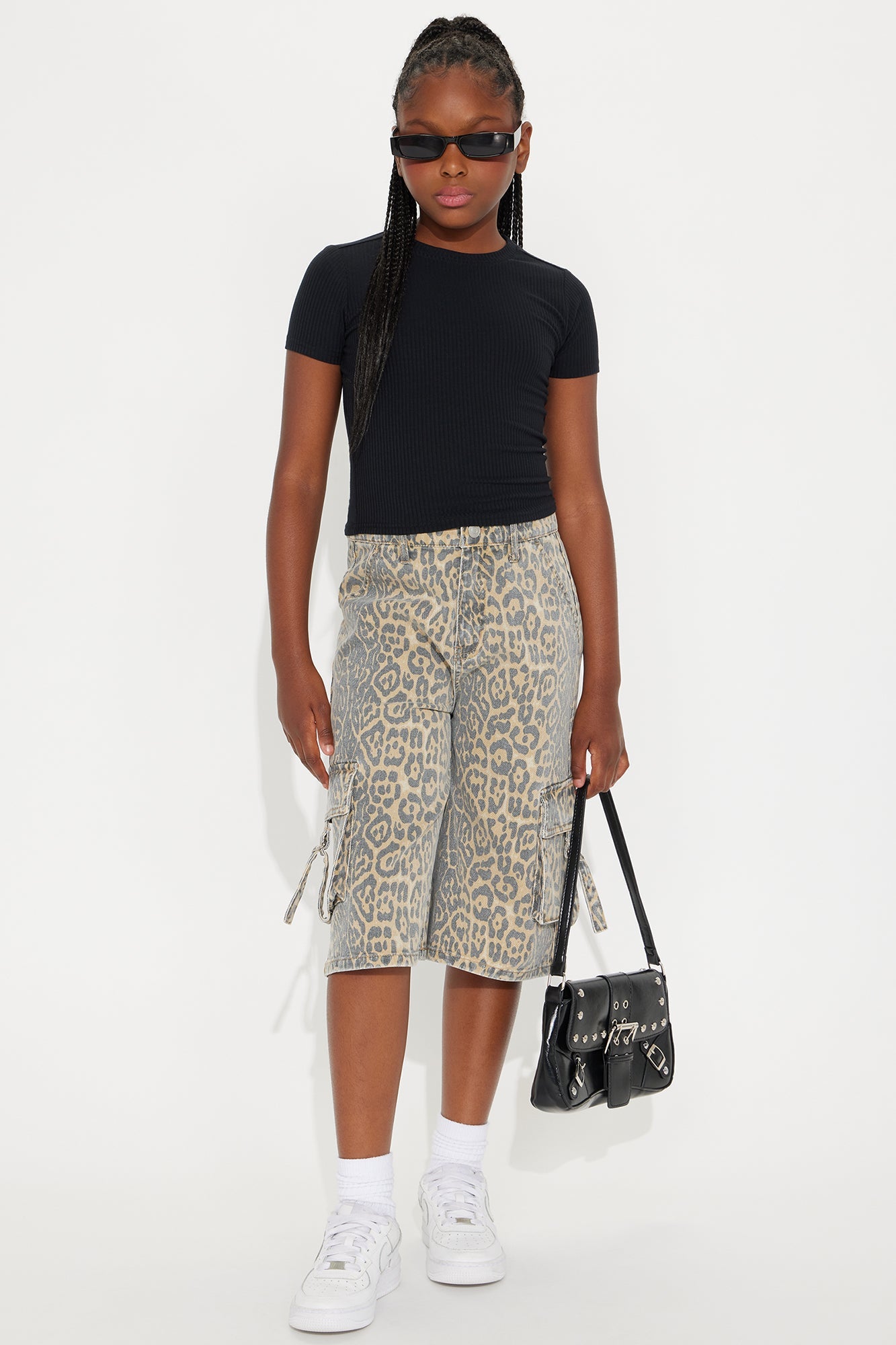Mini Getting Wild Animal Print Cargo Denim Jorts - Brown/combo