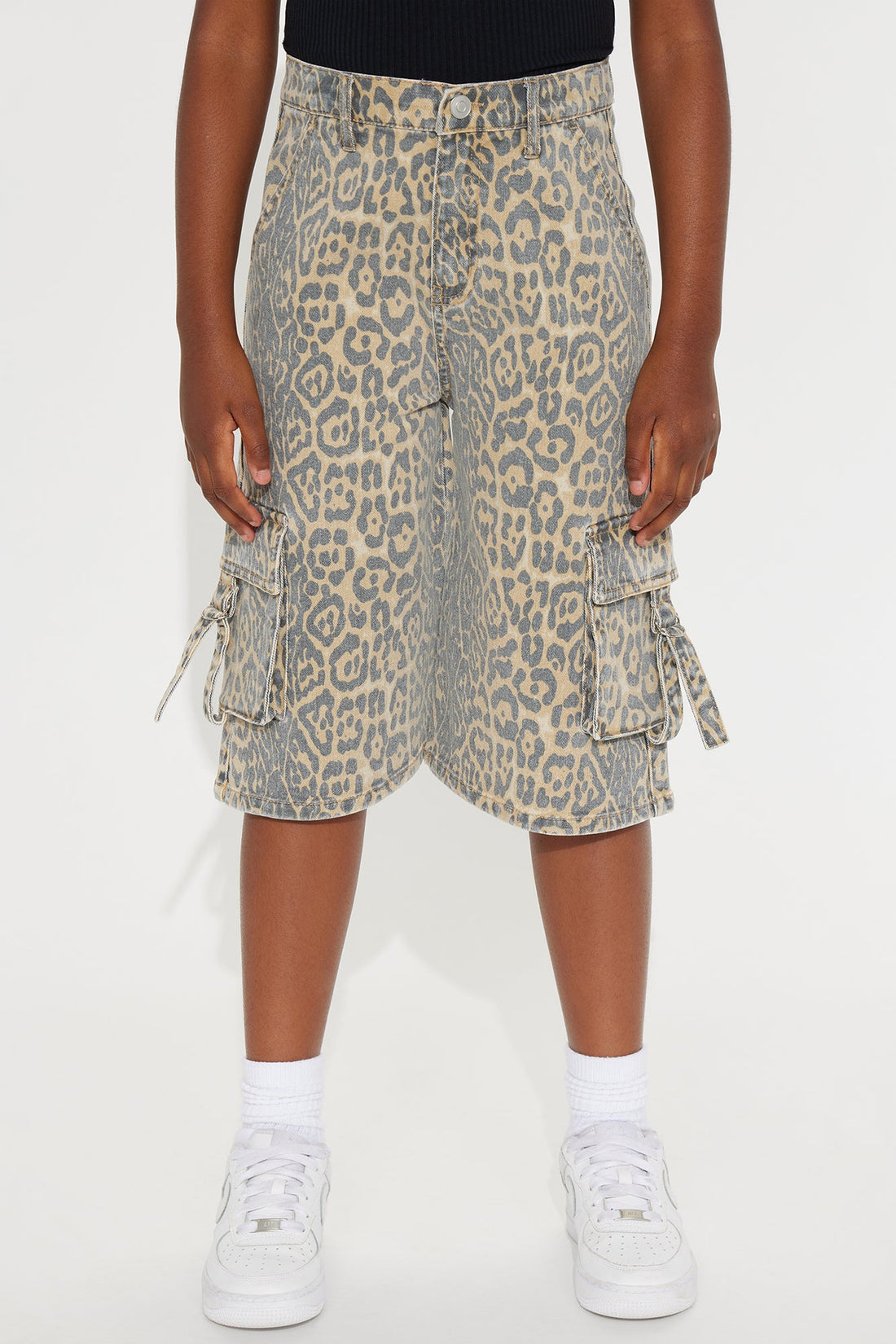 Mini Getting Wild Animal Print Cargo Denim Jorts - Brown/combo