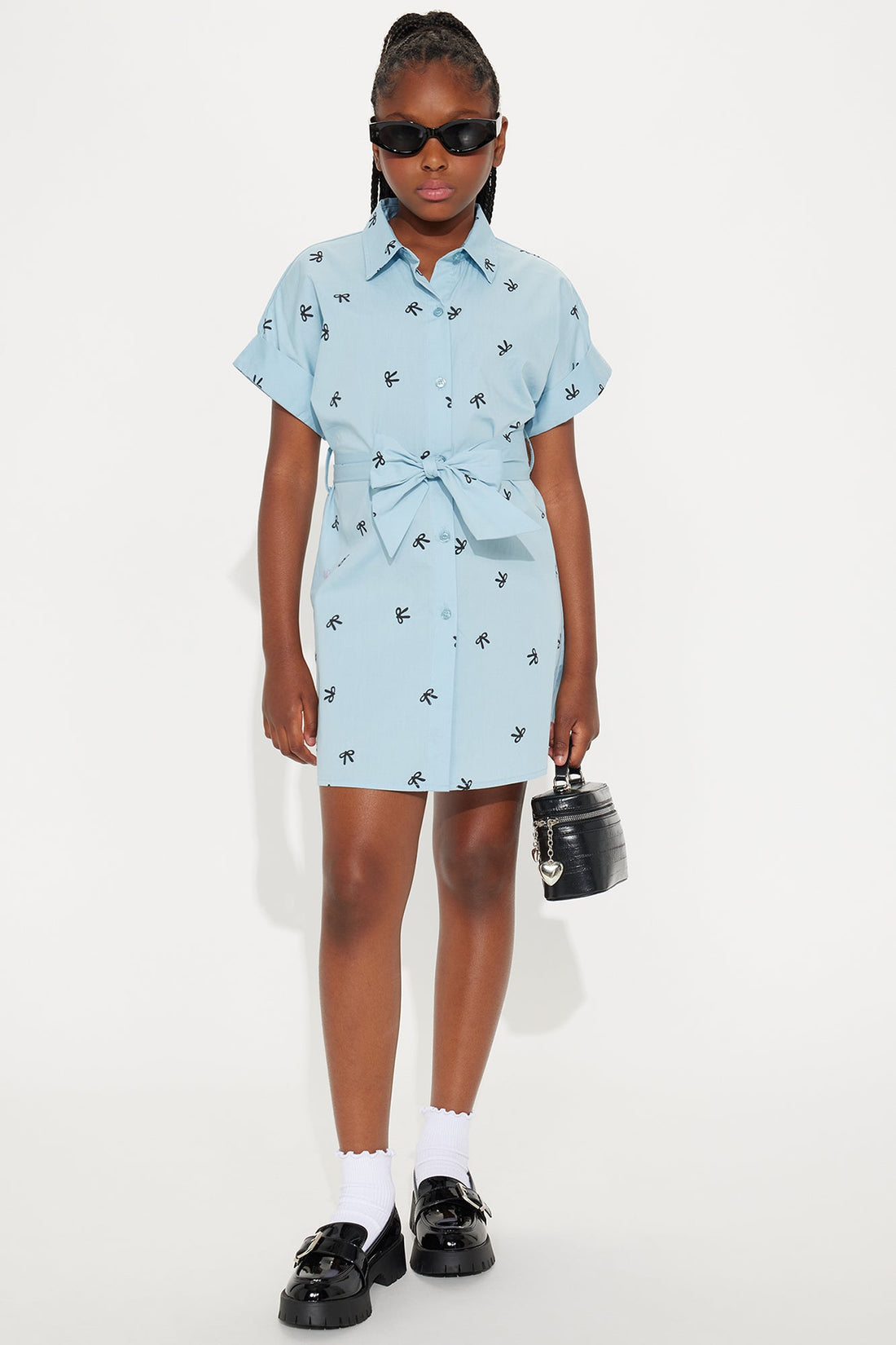 Mini Stephanie Bow Print Button Down Shirt Dress - Blue/combo