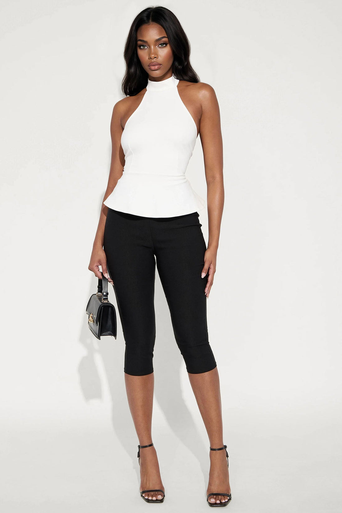 Fleur Ponte Peplum Halter Top - White
