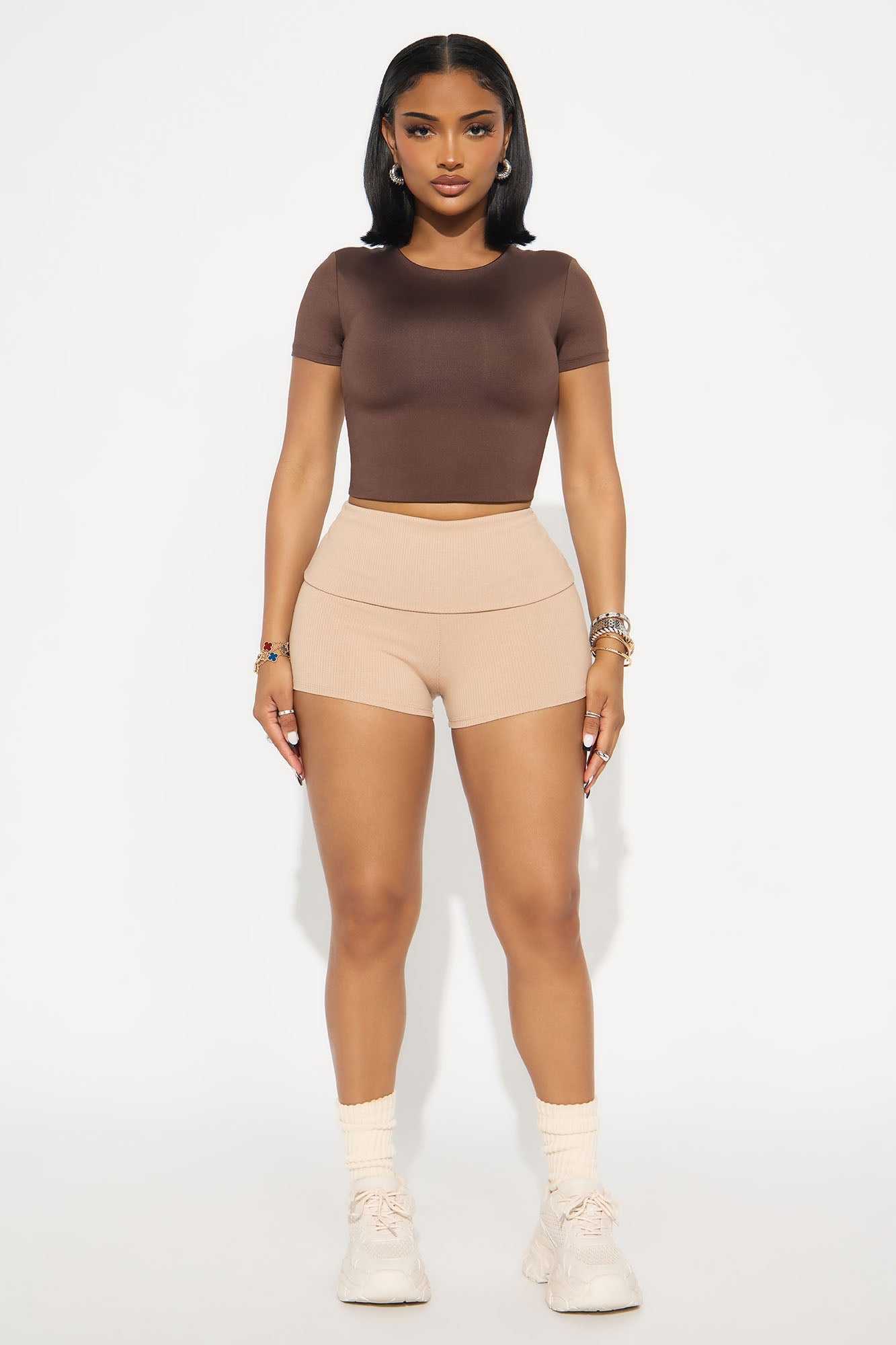 Ribbed Foldover Shorts - Tan
