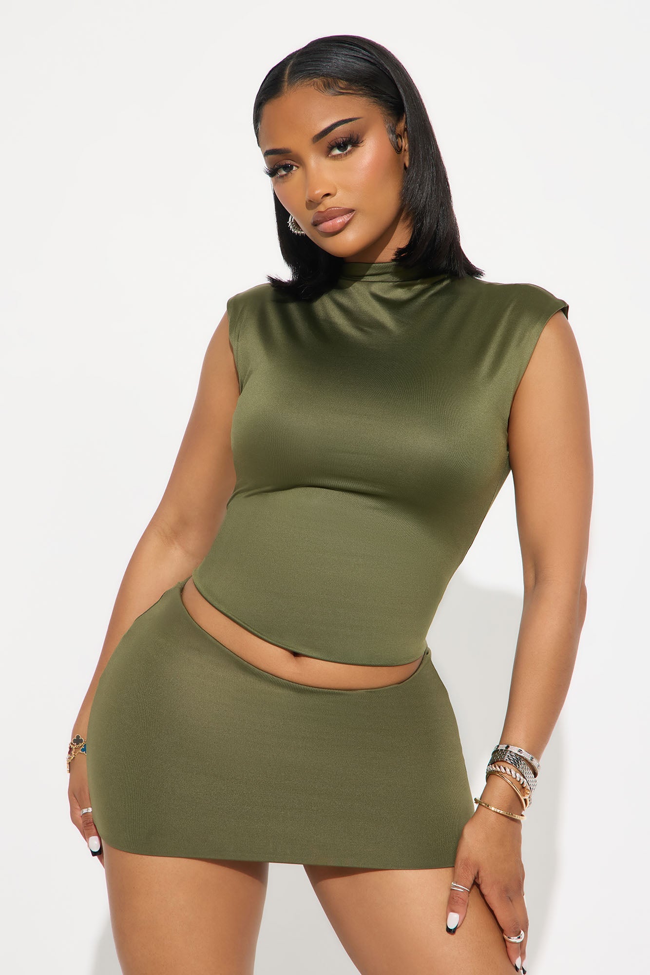 Contour Double Lined Mock Neck Top - Military Green