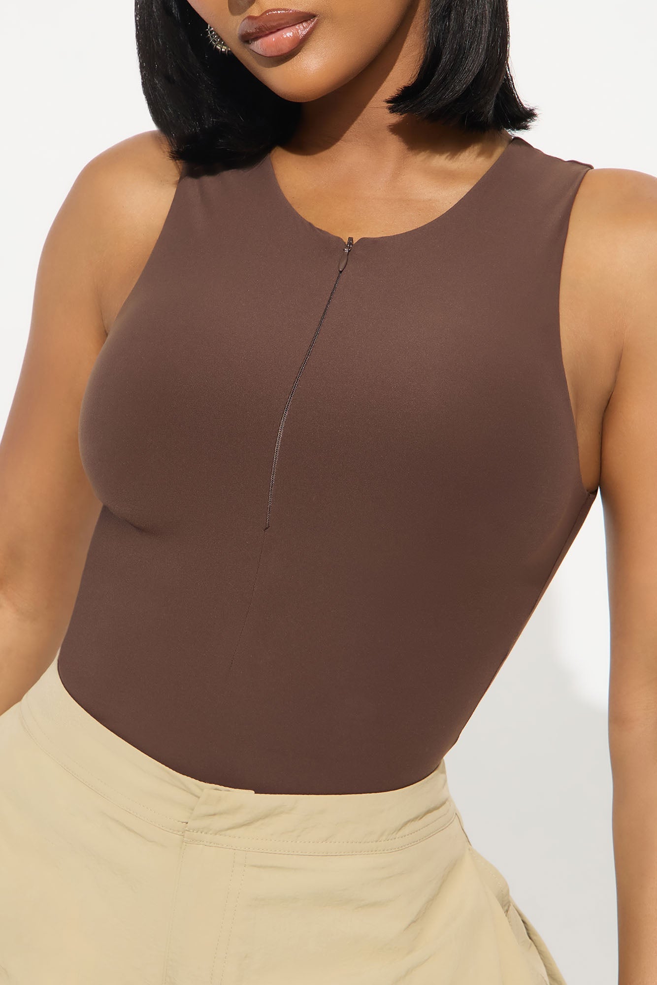 Second Skin Double Lined Zip Front Tank - Chocolate