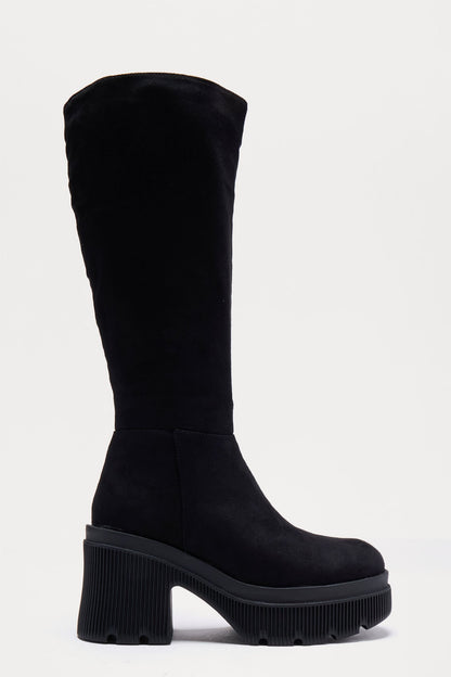 Attached Faux Suede Boots - Black