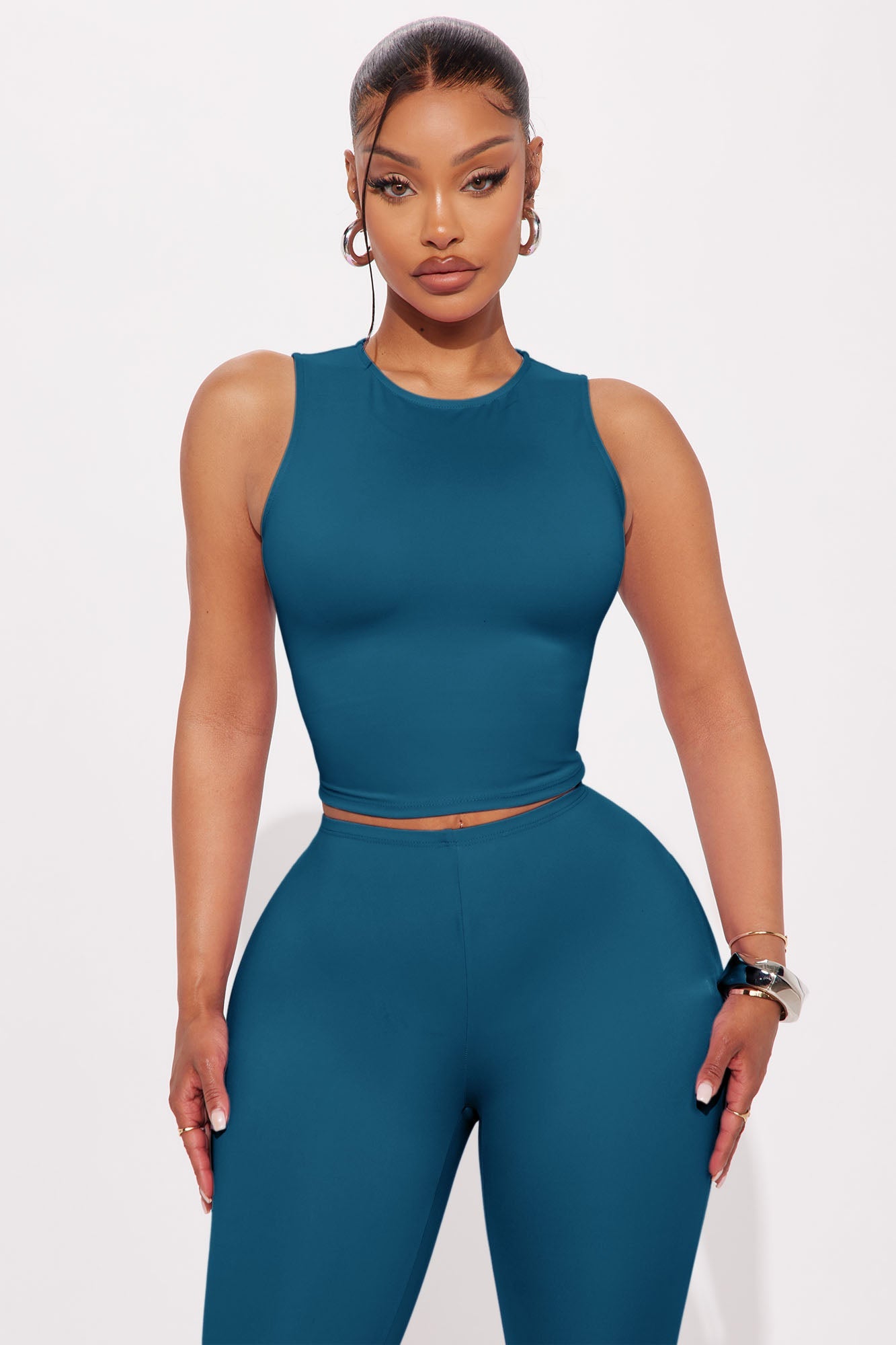 All Day Sleek Matte Tricot Capri Set - Teal