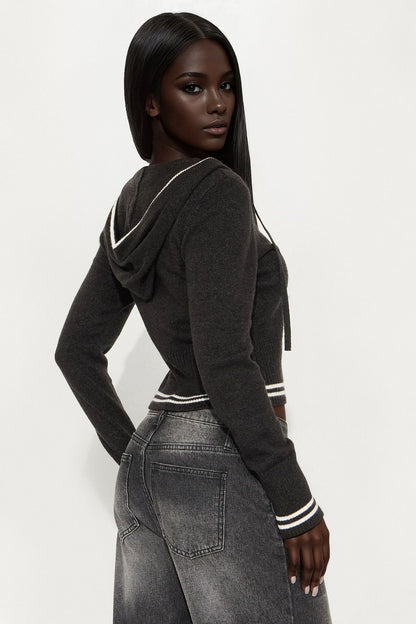 Snuggle Season Zip Front Hooded Sweater - Charcoal