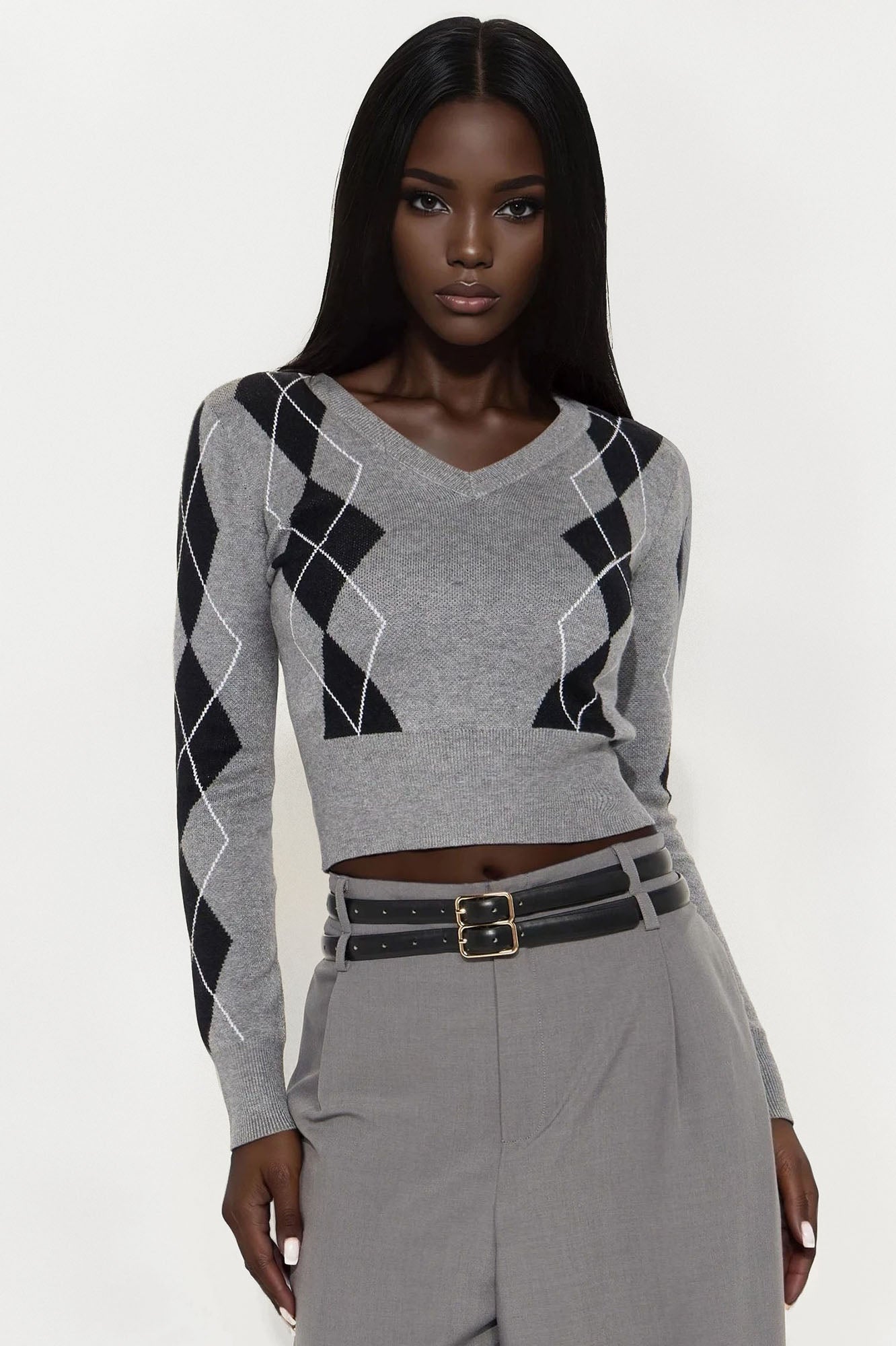 On A Tour Argyle Sweater - Grey/combo