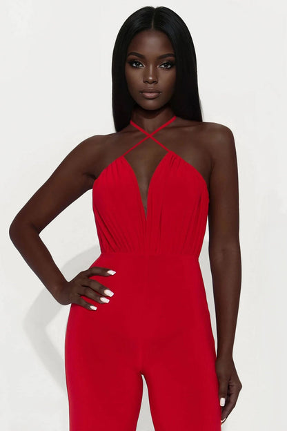 Bevia Criss Cross Halter Jumpsuit - Red