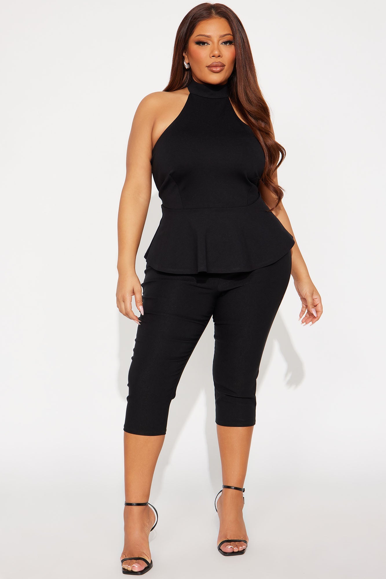 Fleur Ponte Peplum Halter Top - Black