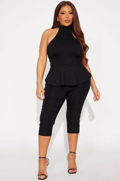 Fleur Ponte Peplum Halter Top - Black