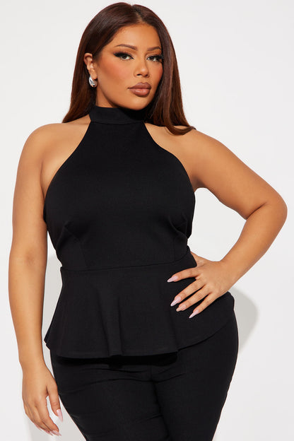 Fleur Ponte Peplum Halter Top - Black