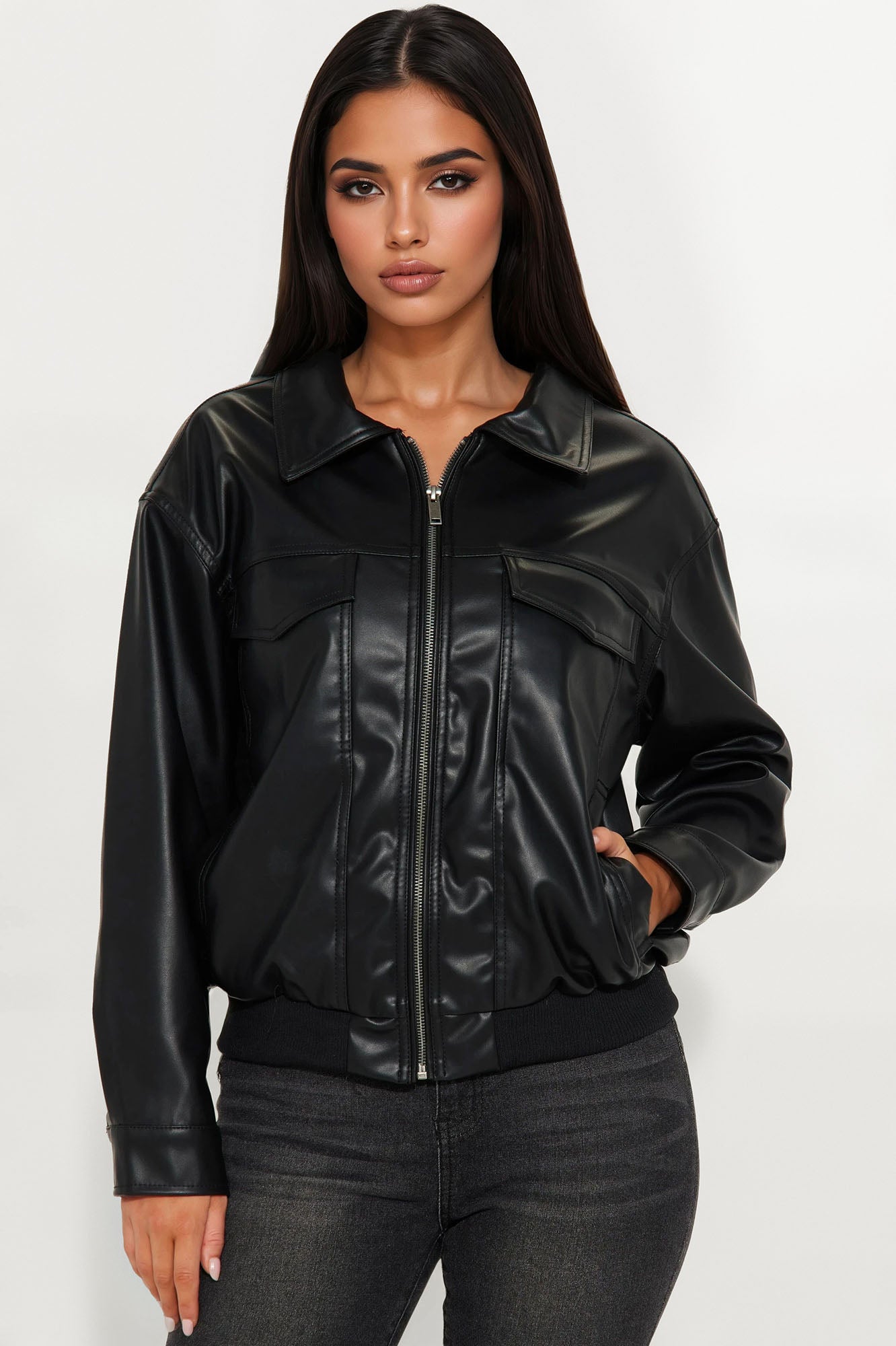 Farrah Faux Leather Bomber Jacket - Black