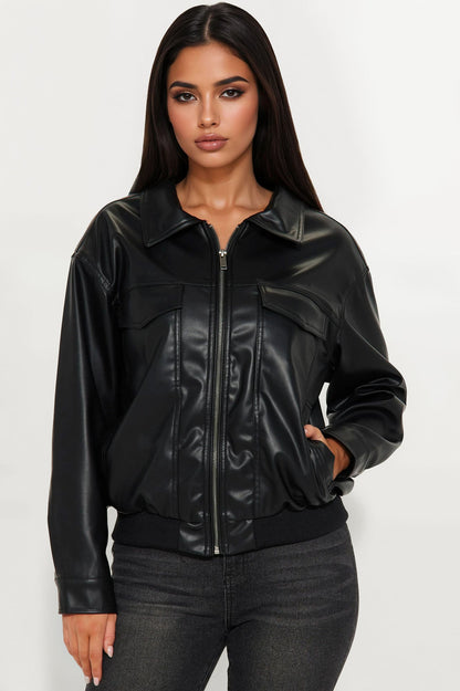 Farrah Faux Leather Bomber Jacket - Black