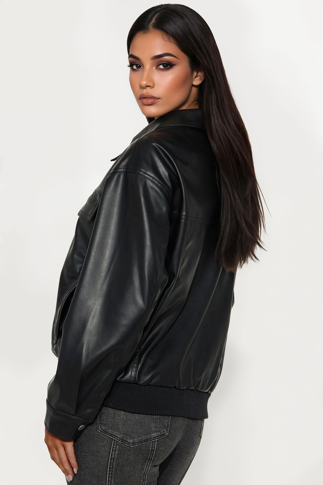 Farrah Faux Leather Bomber Jacket - Black