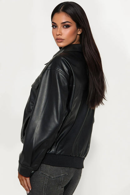 Farrah Faux Leather Bomber Jacket - Black