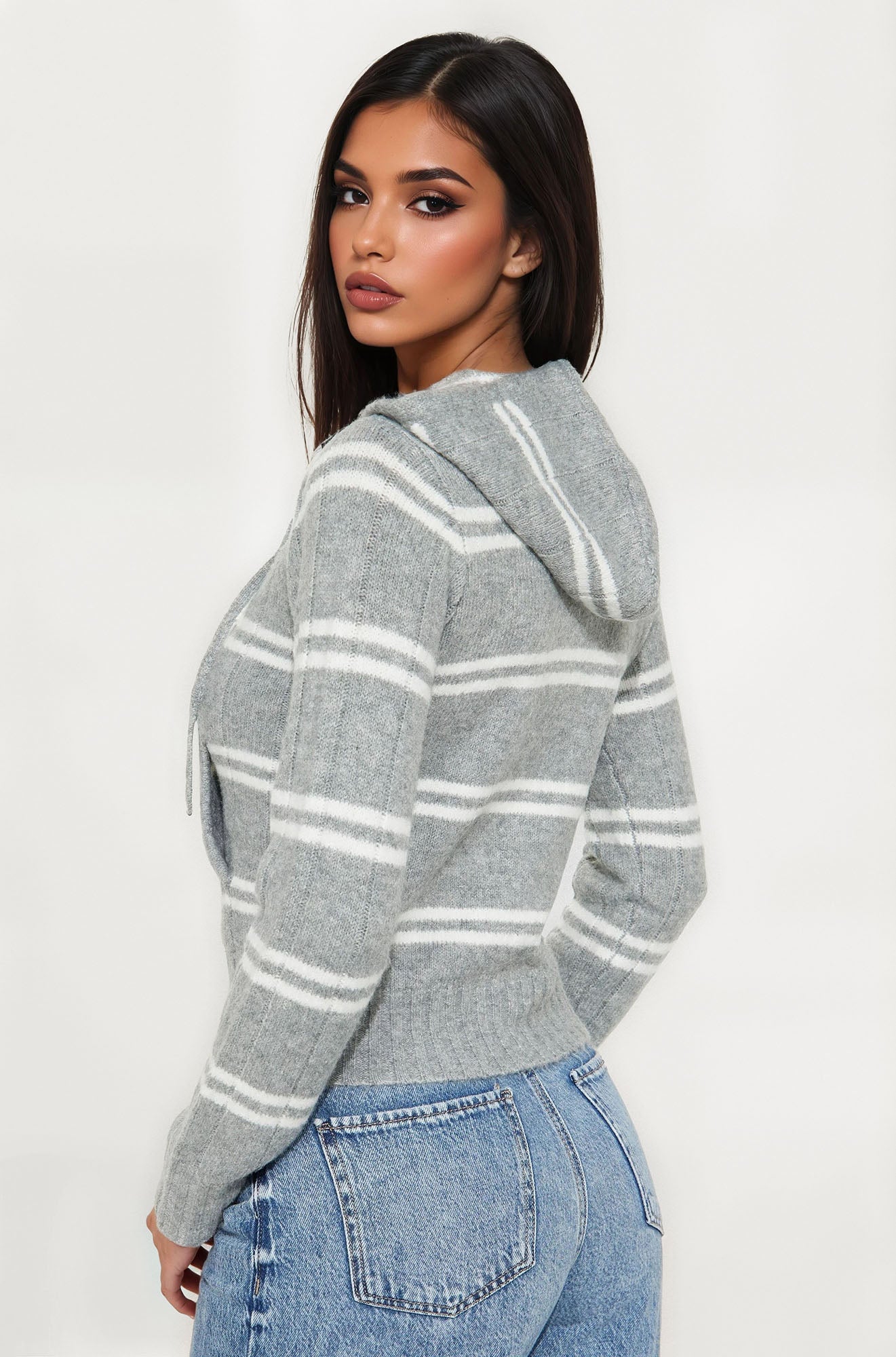 Striped Life Zip Front Hoodie - Heather Grey