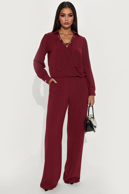 Sleek Statement Long Sleeve Pant Set - Wine
