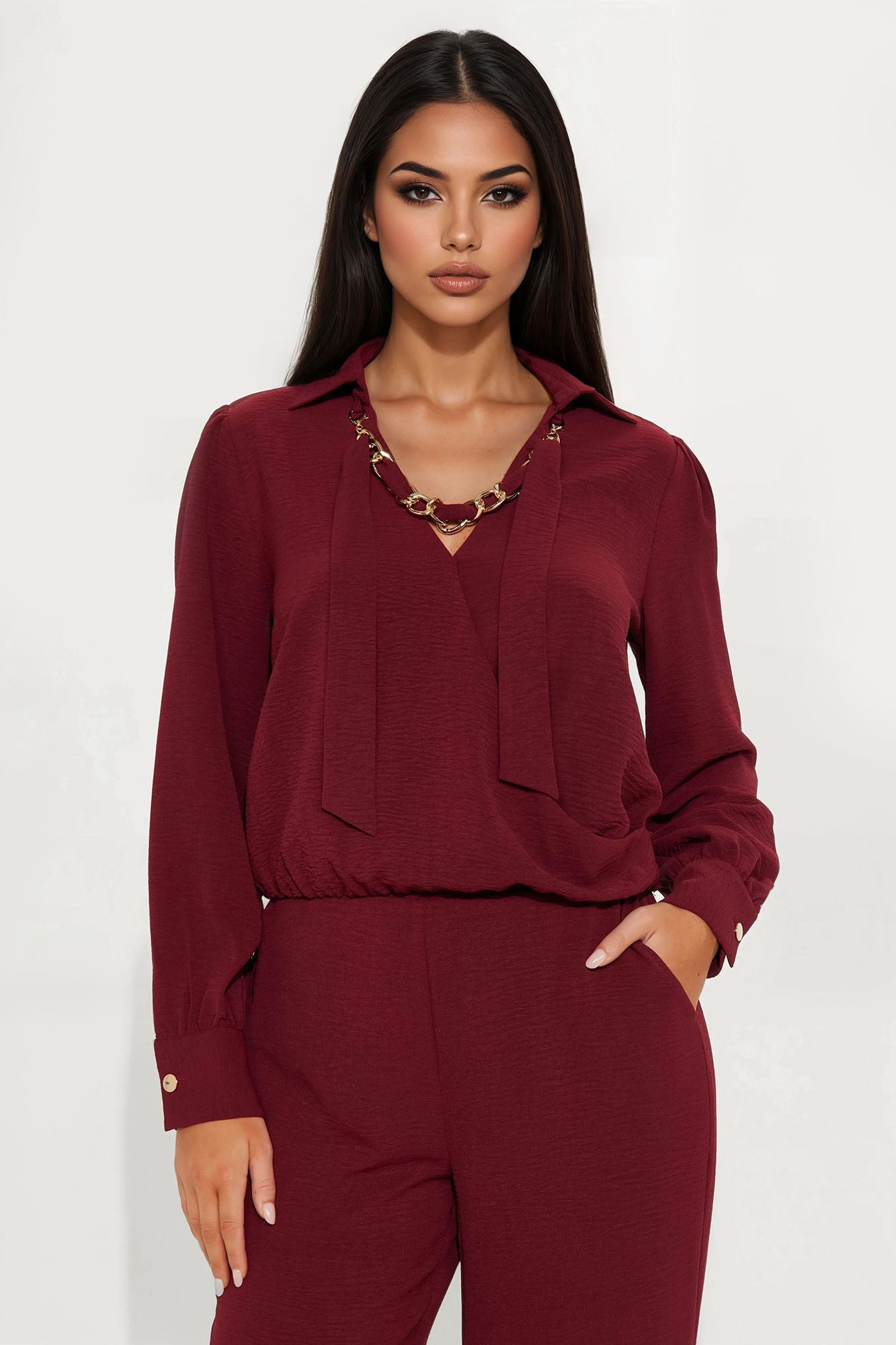 Sleek Statement Long Sleeve Pant Set - Wine