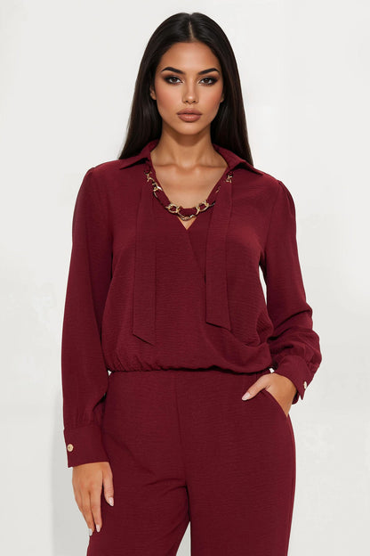 Sleek Statement Long Sleeve Pant Set - Wine