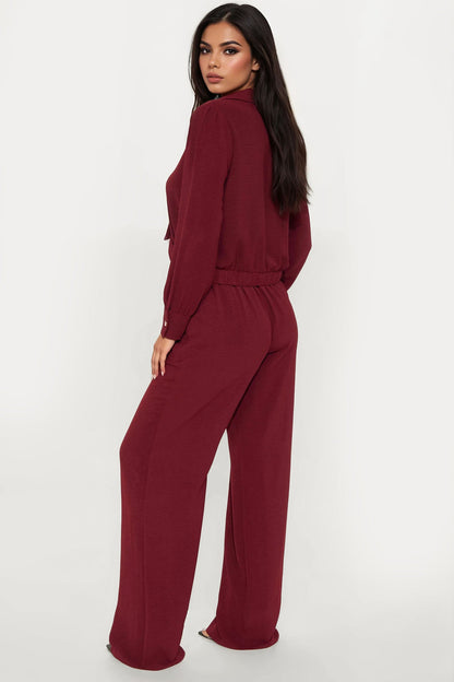 Sleek Statement Long Sleeve Pant Set - Wine
