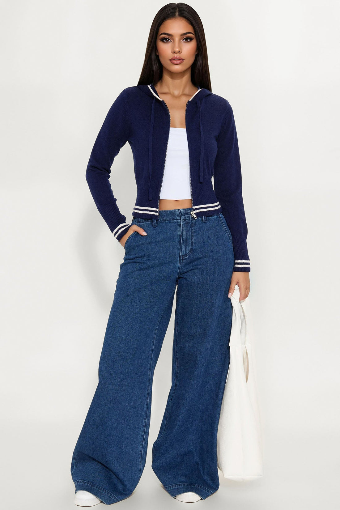 Snuggle Season Zip Front Hooded Sweater - Navy