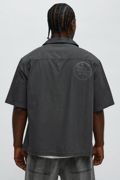 Denim Cuban Collar Button Up Shirt - Black Wash