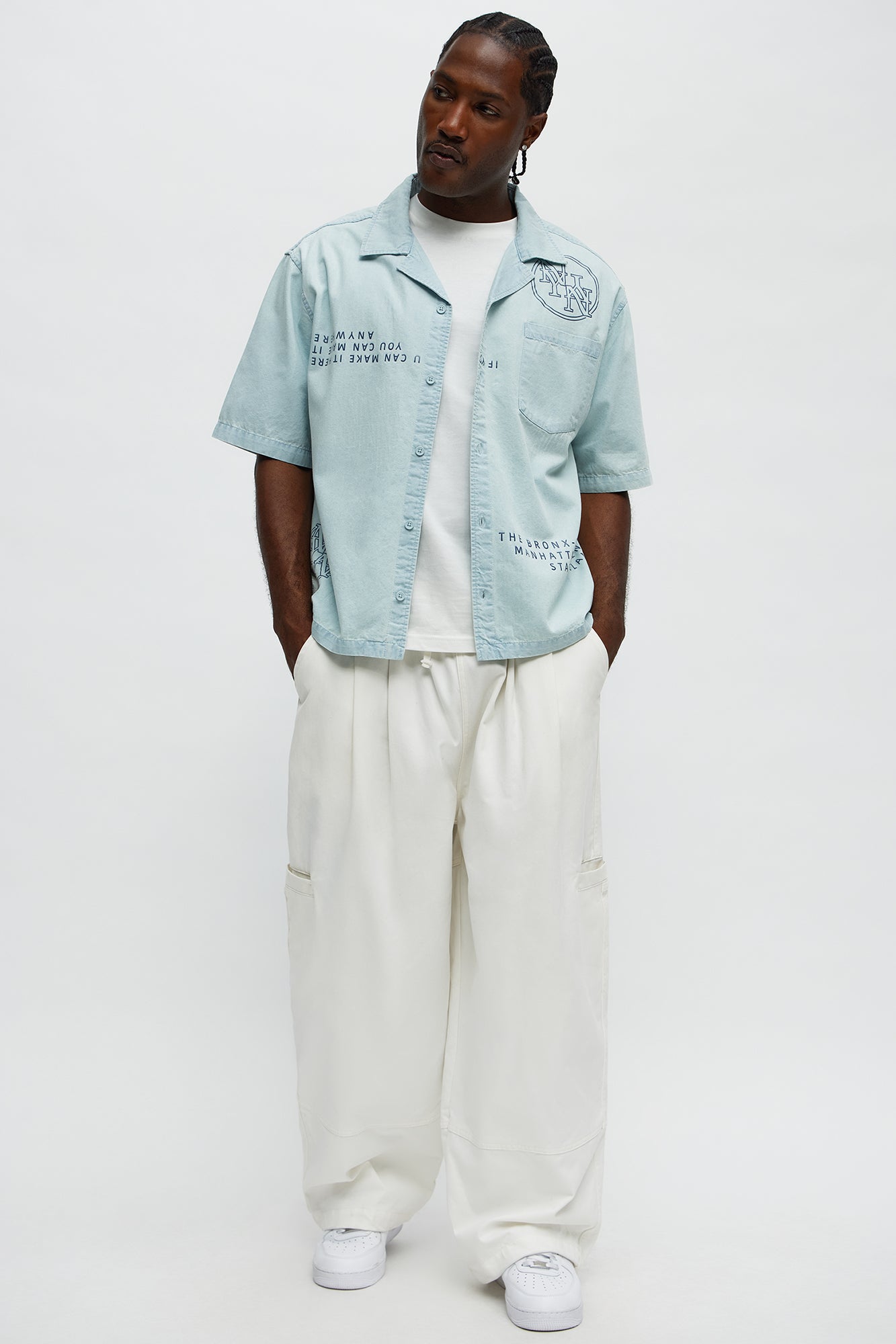 Denim Cuban Collar Button Up Shirt - Light Blue Wash
