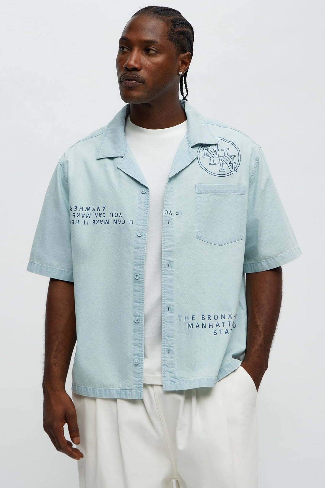 Denim Cuban Collar Button Up Shirt - Light Blue Wash