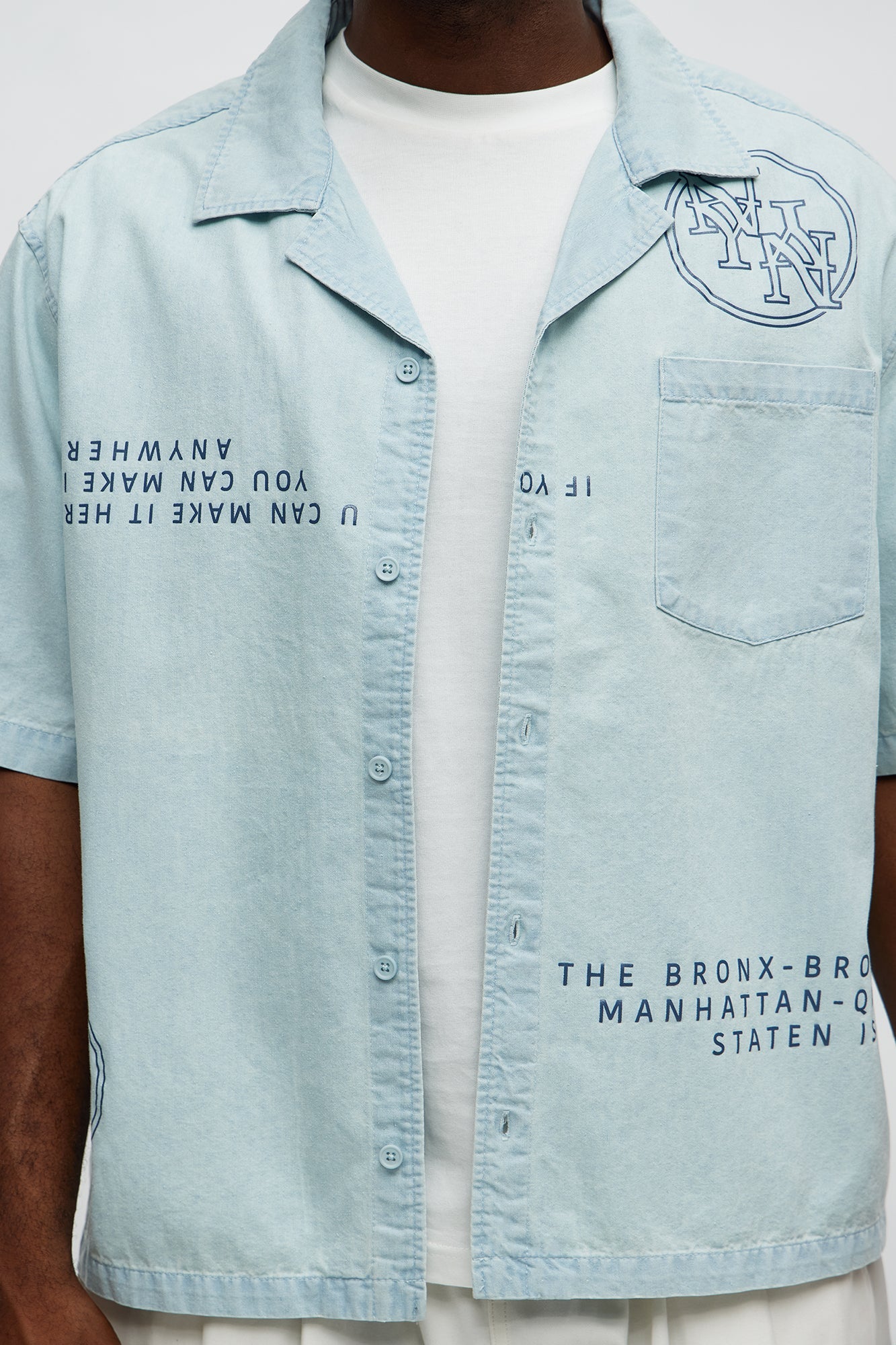 Denim Cuban Collar Button Up Shirt - Light Blue Wash