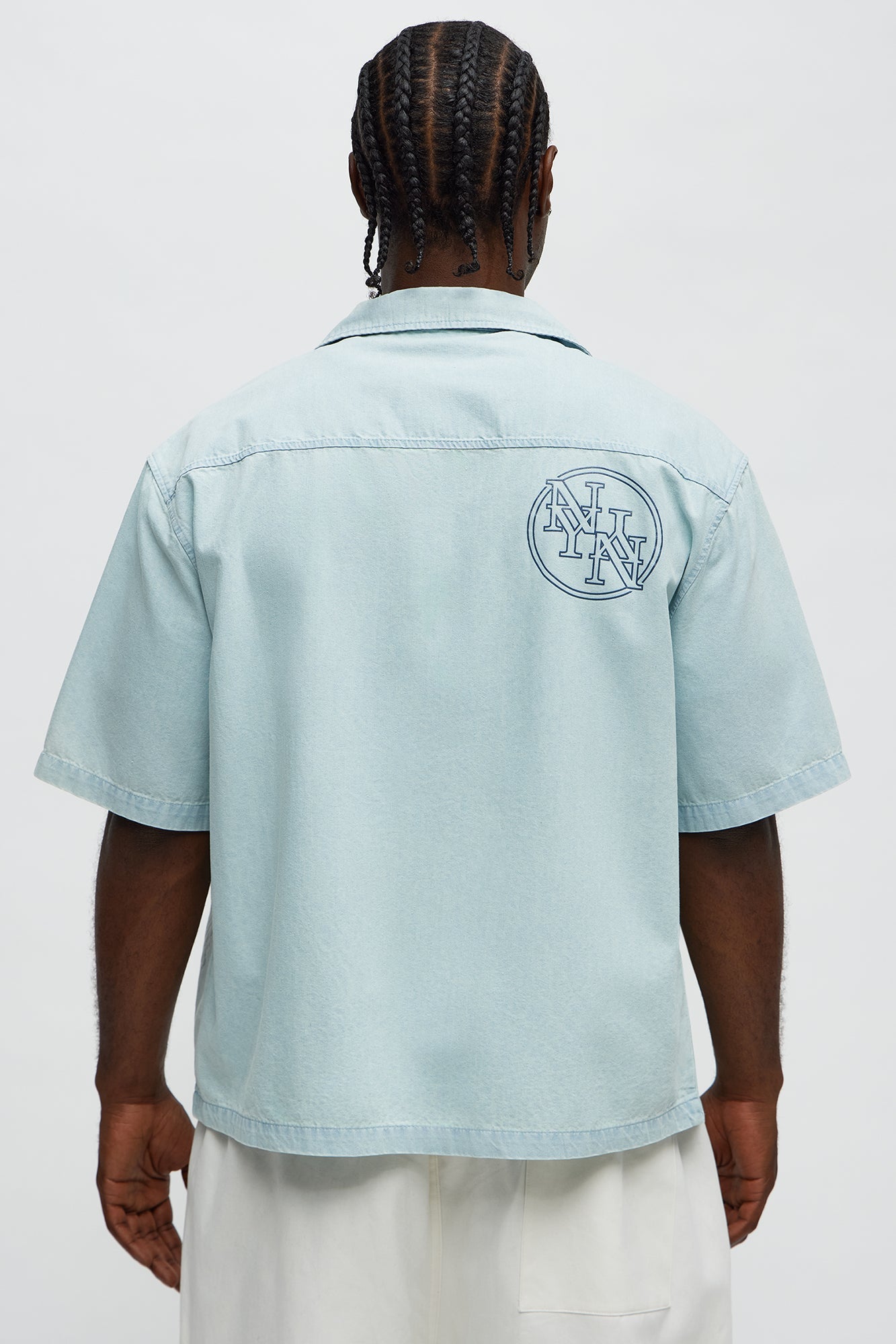 Denim Cuban Collar Button Up Shirt - Light Blue Wash